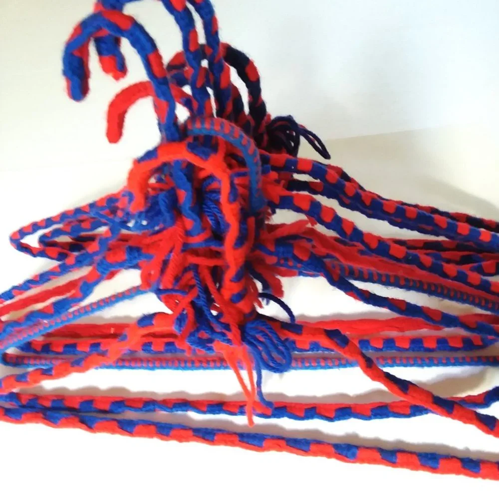 Crocheted Hangers 8 VTG 70s Pom Poms Handmade Metal Boho Retro Granny Knit